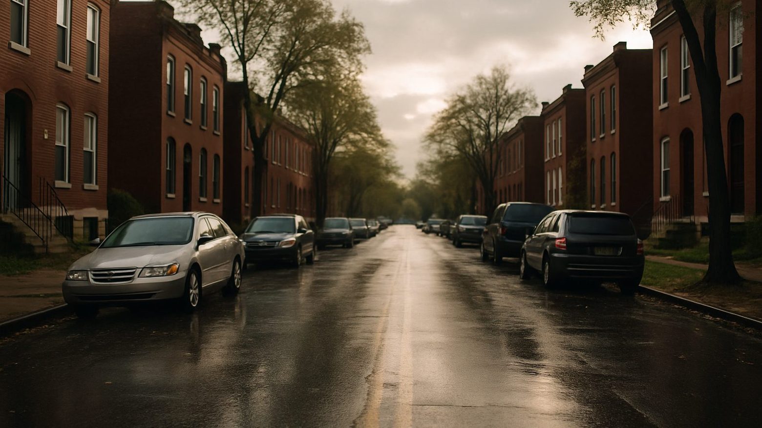 A south St. Louis street of red brick rowhouses after rain, wet asphalt, parked cars, old trees, an overcast sky breaking open
