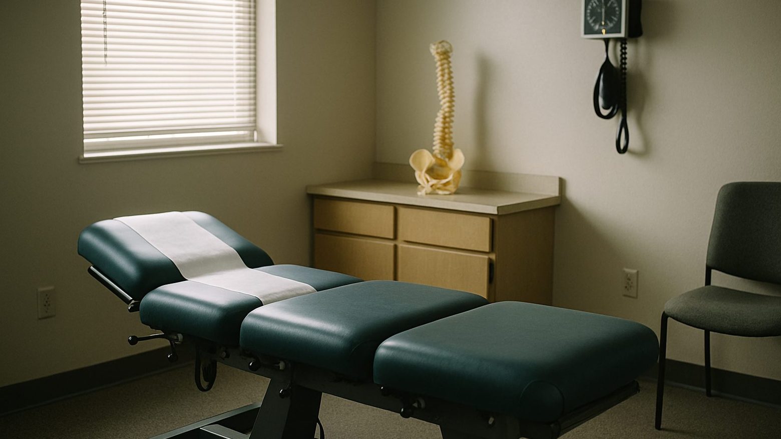 An empty chiropractic examination office, a segmented treatment table with fresh paper, a plastic spine model on the counter, a blood pressure cuff on the wall, soft window light